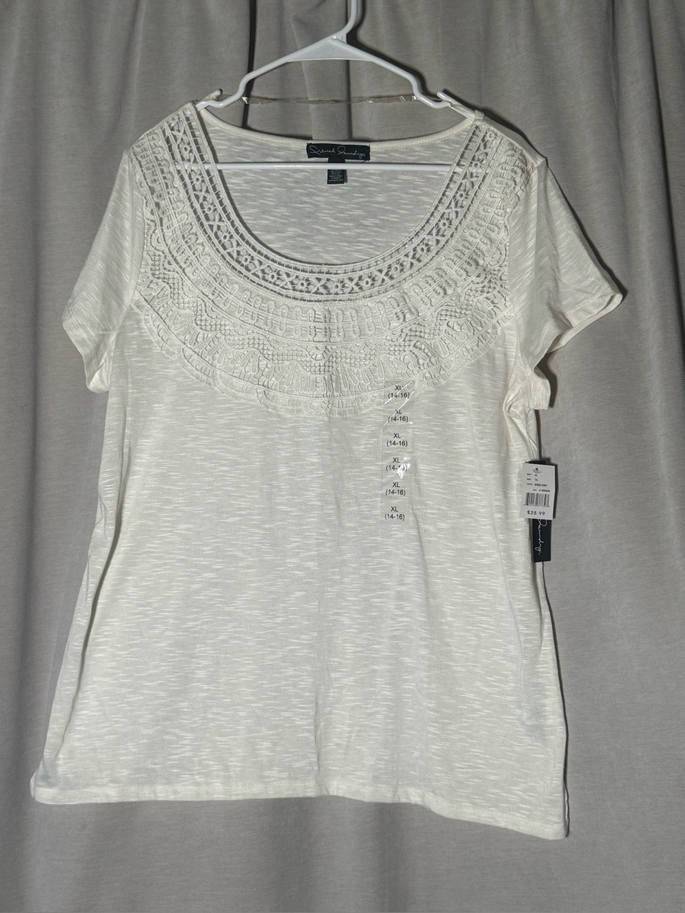 White Lace Crochet Bib Slub Knit Top Tee XL 14-16